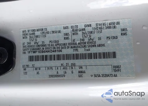 2022 Ford F-150 Xl from USA, damaged, VIN 1FTMF1EB6NKD48106